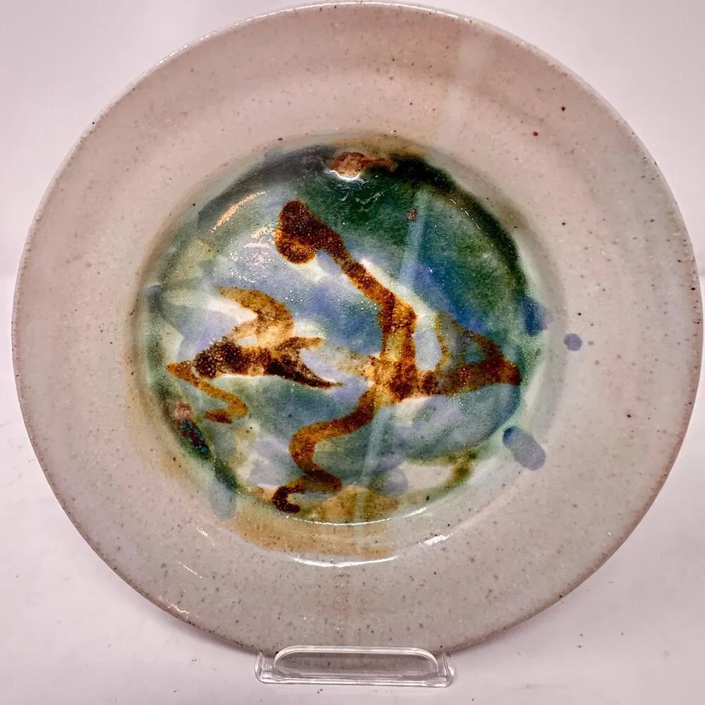 Vintage Studio Pottery Berry Bowl Strainer Planter Abstract Blue Green 7x1.5”